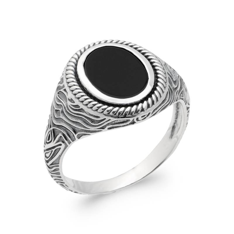 Bague Chevalière Taille 62 Homme Cabochon Agate Noire Argent 925 Vieilli