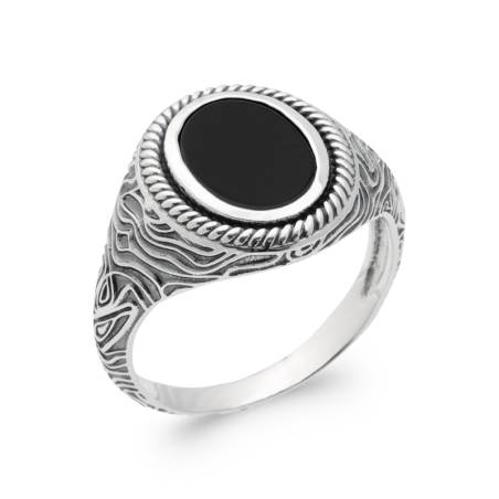 Bague Chevalière Taille 62 Homme Cabochon Agate Noire Argent 925 Vieilli