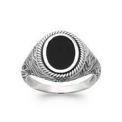 Bague Chevalière Taille 62 Homme Cabochon Agate Noire Argent 925 Vieilli