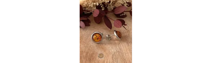 Boucles d'oreilles Puces 8MM Pierre Ambre Contour Argent Massif Rhodié