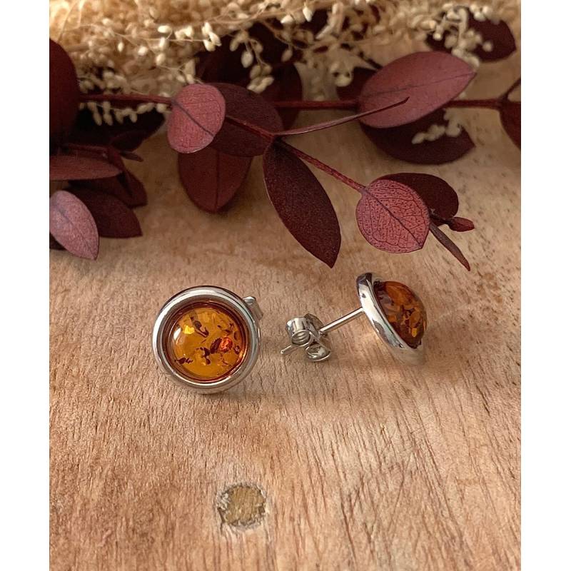 Boucles d'oreilles Puces 8MM Pierre Ambre Contour Argent Massif Rhodié