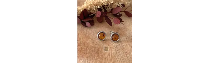 Boucles d'oreilles Puces 8MM Pierre Ambre Contour Argent Massif Rhodié