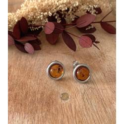 Boucles d'oreilles Puces 8MM Pierre Ambre Contour Argent Massif Rhodié