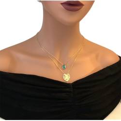 Collier Double Rangs Feuille et Pierre Aventurine Plaqué or 18 Carats