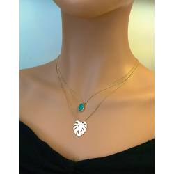 Collier Double Rangs Feuille et Pierre Aventurine Plaqué or 18 Carats