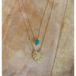 Collier Double Rangs Feuille et Pierre Aventurine Plaqué or 18 Carats