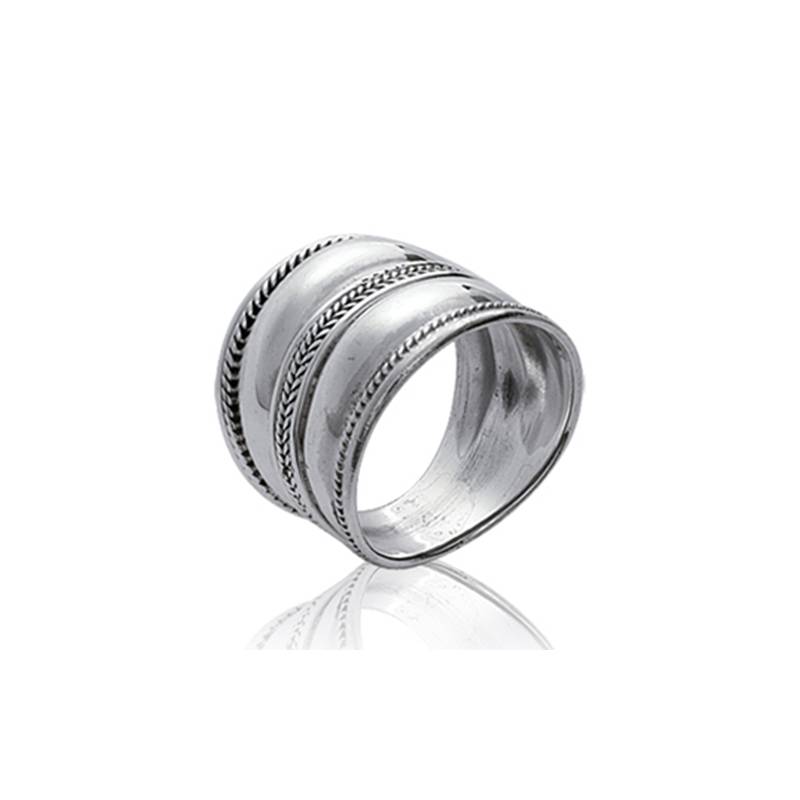 Bague Large Striée En Argent Massif Vieilli 925/1000 Tailles Mixte