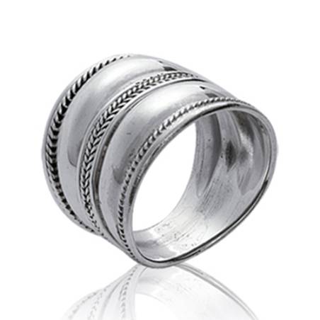 Bague Large Striée En Argent Massif Vieilli 925/1000 Tailles Mixte