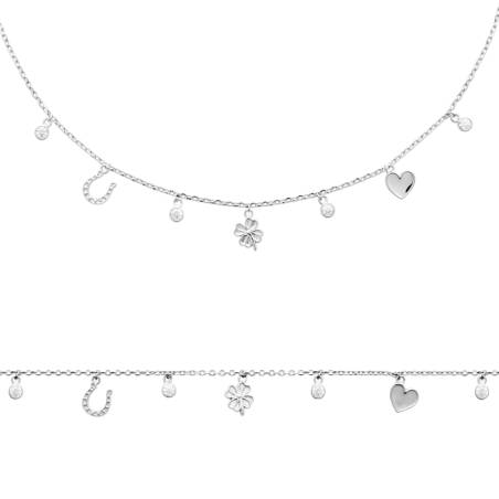 Collier Symboles Chances Charms Trèfle Cœur Oz En Argent Massif Rhodié 925/000