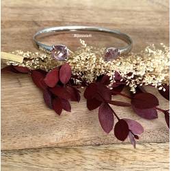 Bracelet Jonc Ouvert Pierre Couleur Rose Argent Massif 925/1000 Rhodié