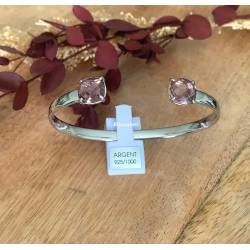 Bracelet Jonc Ouvert Pierre Couleur Rose Argent Massif 925/1000 Rhodié