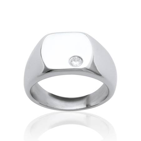 Bague Chevalière Acier et cristal Blanc Zirconium Tailles 52 à 70
