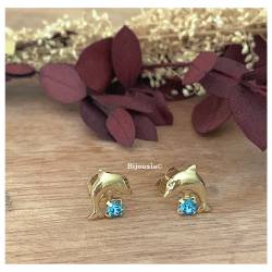 Boucles D'oreilles Puces "Dauphin" Cristal Bleu En Plaqué Or