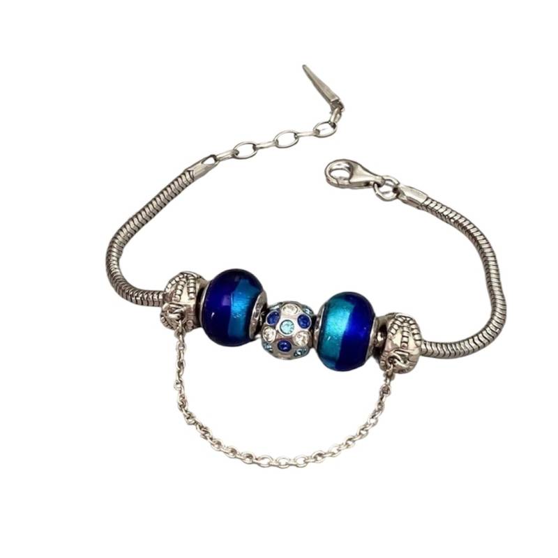 Bracelet CHARMS Couleur BLEU En Verre de Murano AUTHENTIQUE & Argent 925 Rhodié