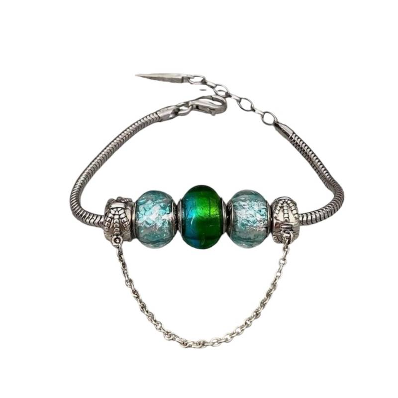 Bracelet CHARMS 3 Perles Verre Murano Bleu/ Vert AUTHENTIQUE&Argent 925 Rhodié