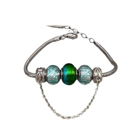Bracelet CHARMS 3 Perles Verre Murano Bleu/ Vert AUTHENTIQUE&Argent 925 Rhodié
