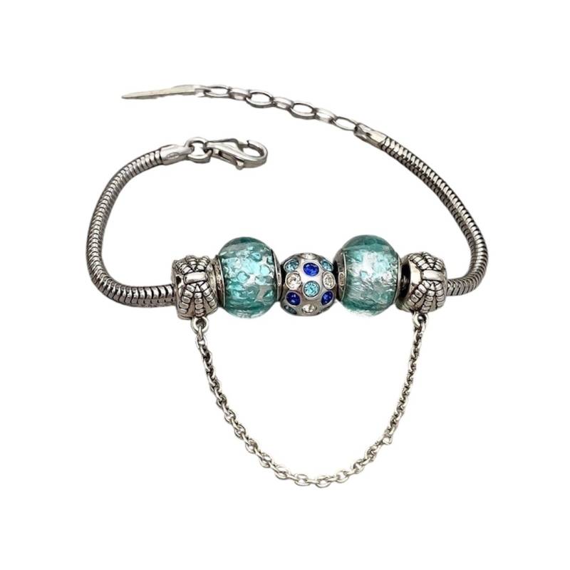 Bracelet CHARMS Bleu Clair En Verre de Murano AUTHENTIQUE & Argent 925 Rhodié