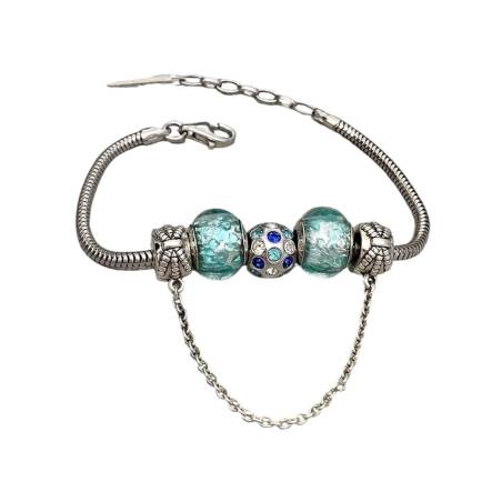 Bracelet CHARMS Bleu Clair En Verre de Murano AUTHENTIQUE & Argent 925 Rhodié