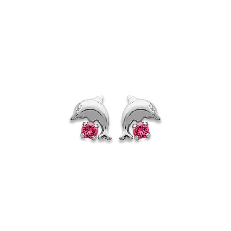 Boucles D'oreilles Puces "Dauphin" Cristal Rose En Argent 925/1000 Rhodié