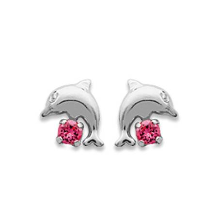 Boucles D'oreilles Puces "Dauphin" Cristal Rose En Argent 925/1000 Rhodié