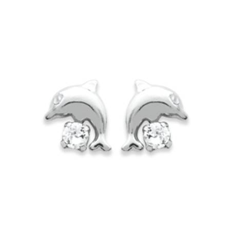 Boucles D'oreilles Dauphins Zirconium En Argent Massif 925/000 Bijoux Enfant