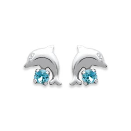 Boucles D'oreilles Puces "Dauphin" Cristal Bleu En Argent 925/1000 Rhodié