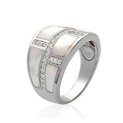 Bague Large NACRE Et ZIRCONIUM En Argent 925/1000 Rhodié