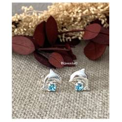 Boucles D'oreilles Puces "Dauphin" Cristal Bleu En Argent 925/1000 Rhodié