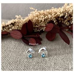 Boucles D'oreilles Puces "Dauphin" Cristal Bleu En Argent 925/1000 Rhodié