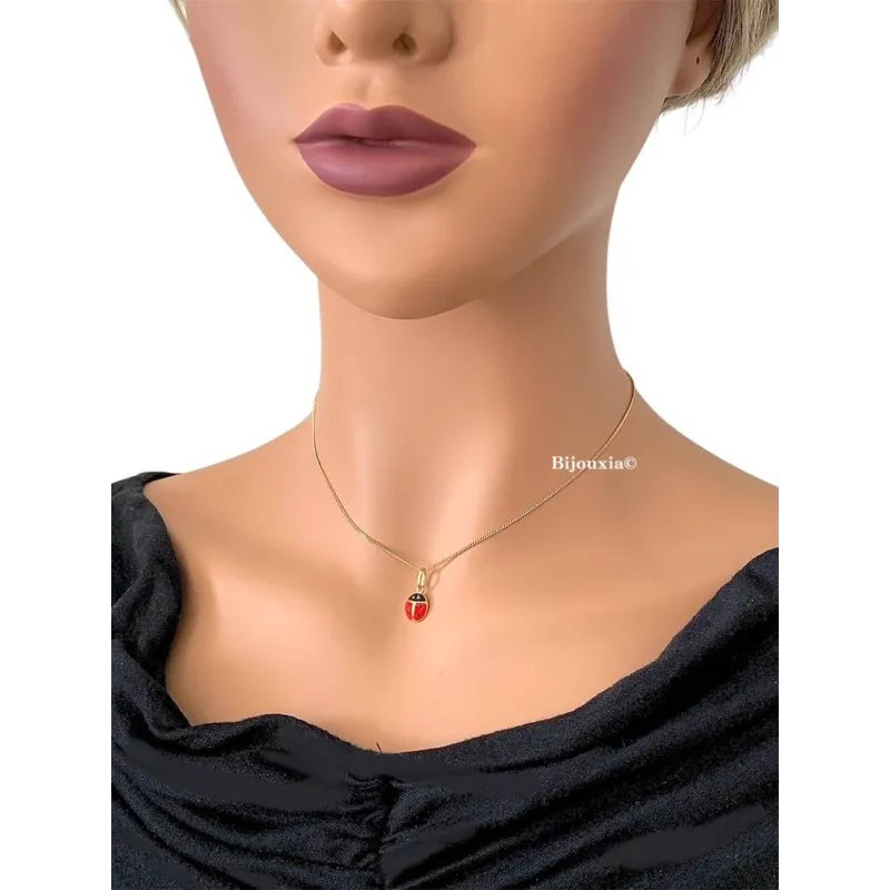 Collier Chaîne + Pendentif Coccinelle Plaqué Or 18 Carats 750/000