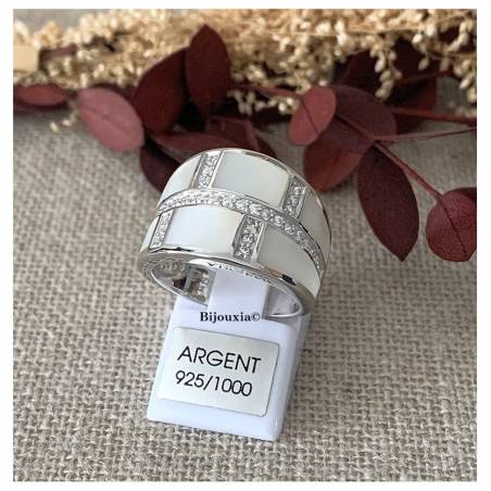 Bague Large NACRE Et ZIRCONIUM En Argent 925/1000 Rhodié