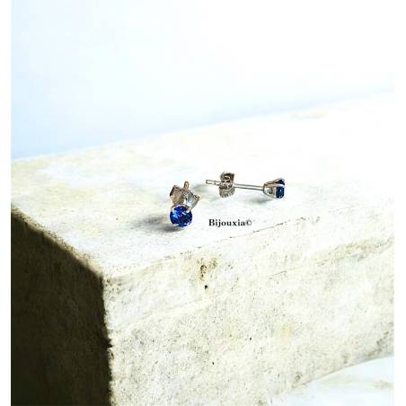 Boucles D'oreilles Puces Cristal Bleu Saphir Rond 4MM Argent Massif 925/1000