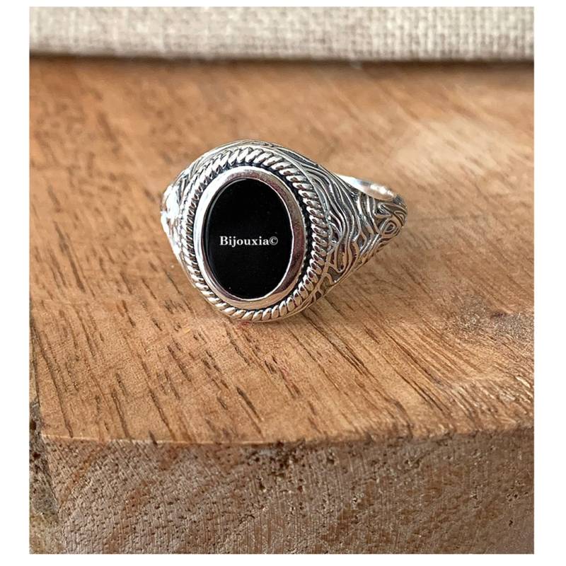 Bague Chevalière Homme Cabochon Agate Noire Argent 925 Vieilli Tailles 58 à 66