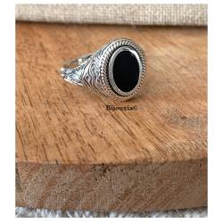 Bague Chevalière Homme Cabochon Agate Noire Argent 925 Vieilli Tailles 58 à 66