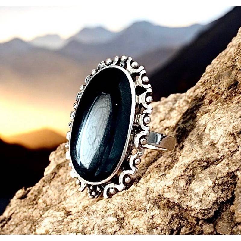 Bague Longue Cabochon Pierre Onyx Vintage, Argent Aspect Vieilli 925/000