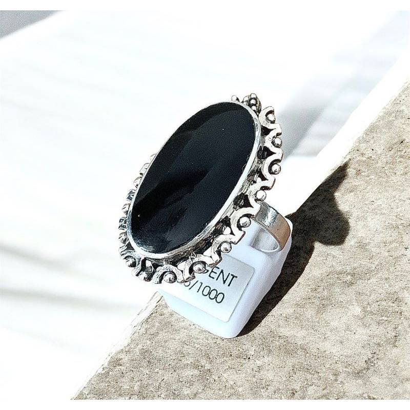 Bague Argent Massif Fleur Cabochon Onyx Noir - Taille 52 - Argenté