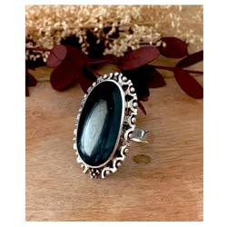 Bague Longue Cabochon Pierre Onyx Vintage, Argent Aspect Vieilli 925/000
