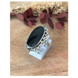 Bague Longue Cabochon Pierre Onyx Vintage, Argent Aspect Vieilli 925/000