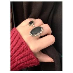 Bague Longue Cabochon Pierre Onyx Vintage, Argent Aspect Vieilli 925/000