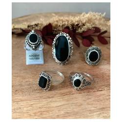 Bague Longue Cabochon Pierre Onyx Vintage, Argent Aspect Vieilli 925/000