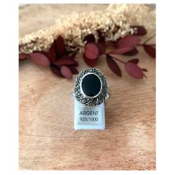 Bague Ovale Cabochon Pierre Onyx Vintage, Argent Aspect Vieilli 925/000