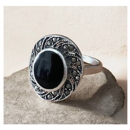 Bague Ovale Cabochon Pierre Onyx Vintage, Argent Aspect Vieilli 925/000