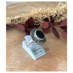 Bague Ovale Cabochon Pierre Onyx Vintage, Argent Aspect Vieilli 925/000