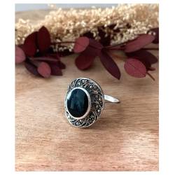 Bague Ovale Cabochon Pierre Onyx Vintage, Argent Aspect Vieilli 925/000