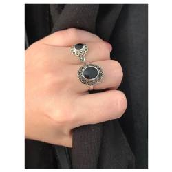 Bague Ovale Cabochon Pierre Onyx Vintage, Argent Aspect Vieilli 925/000