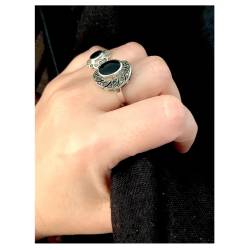 Bague Ovale Cabochon Pierre Onyx Vintage, Argent Aspect Vieilli 925/000