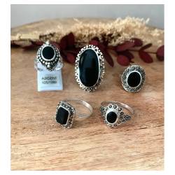 Bague Ovale Cabochon Pierre Onyx Vintage, Argent Aspect Vieilli 925/000