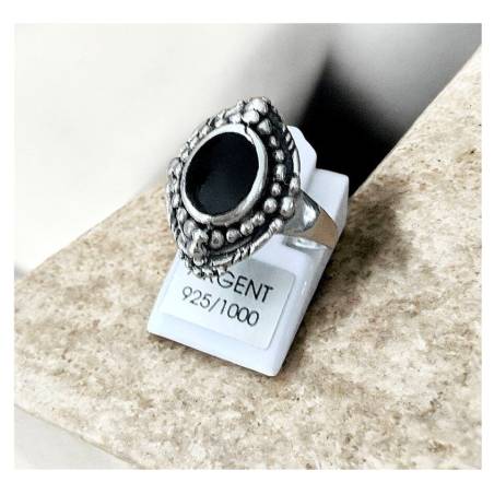 Bague Marquise Cabochon Pierre Onyx Vintage, Argent Aspect Vieilli 925/000