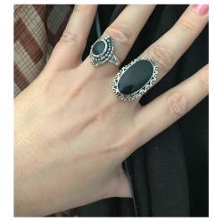 Bague Marquise Cabochon Pierre Onyx Vintage, Argent Aspect Vieilli 925/000