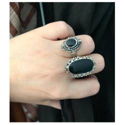 Bague Marquise Cabochon Pierre Onyx Vintage, Argent Aspect Vieilli 925/000